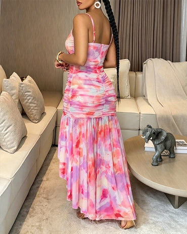 Women’s Tie Dye Mesh Cami Dress Square Neck Asymmetric Ruffle Hem Slit Maxi Dress