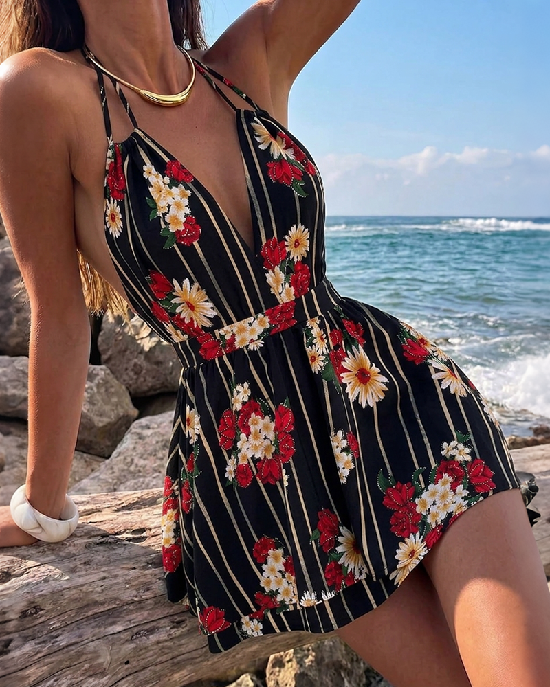 Women's Halter Tie Backless Romper Deep V Neck Rhinestone Floral Skorts Romper