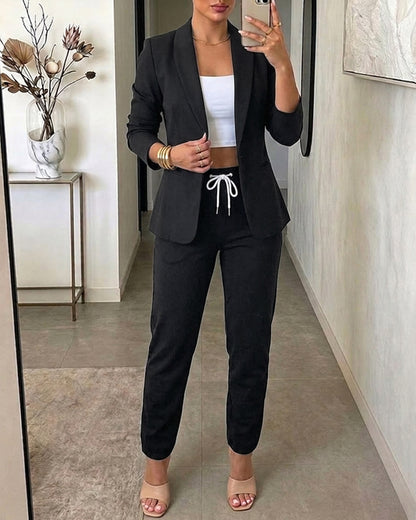2 Pieces Outfit Shawl Collar Single Breasted Pockets Design Blazer Coat and Drawstring Elastic Waist Slim Fit Pants Set