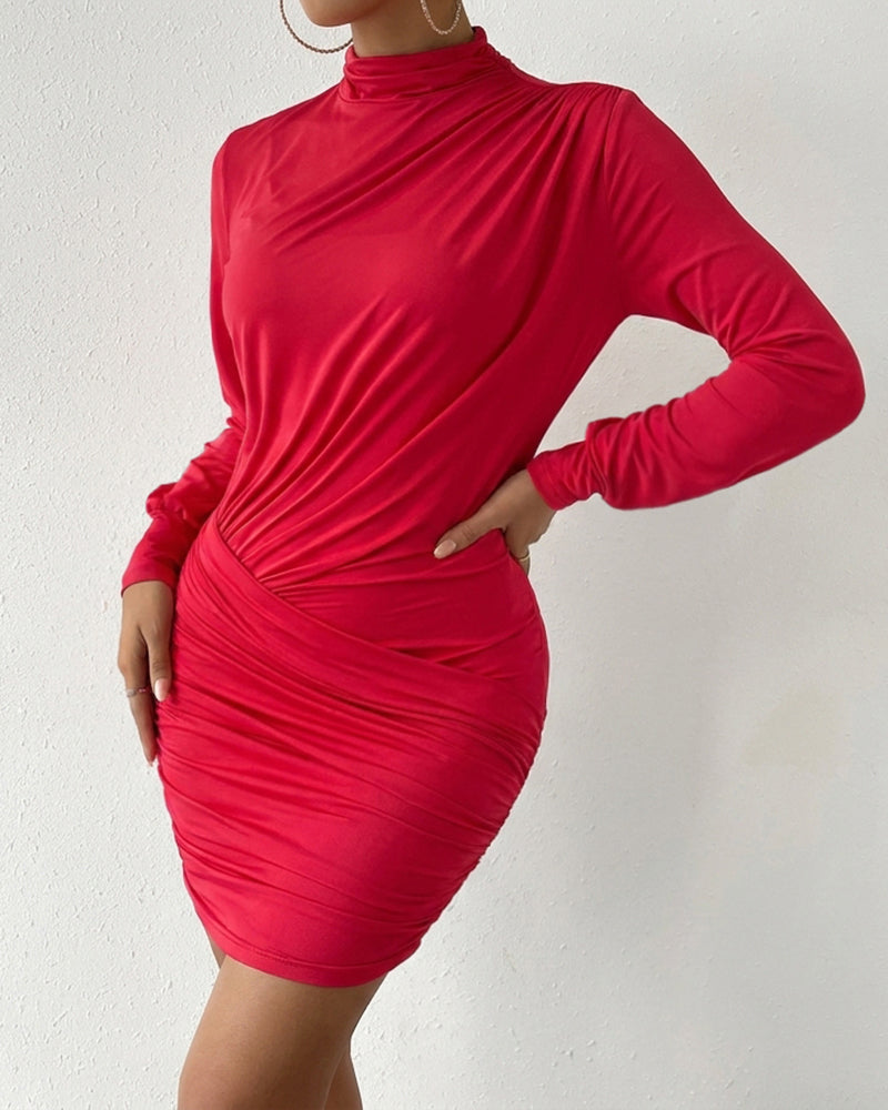 Women's Mock Neck Ruched Bodycon Mini Dress Lantern Sleeve Asymmetrical Wrap Party Dress