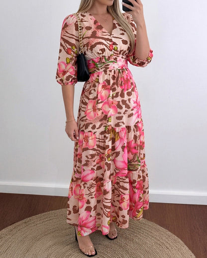 Women's Leopard Floral Print Dress V Neck Three Quarters Sleeve Ruffle Hem Dress Shirred Back A-Line Maxi Vacation Dress