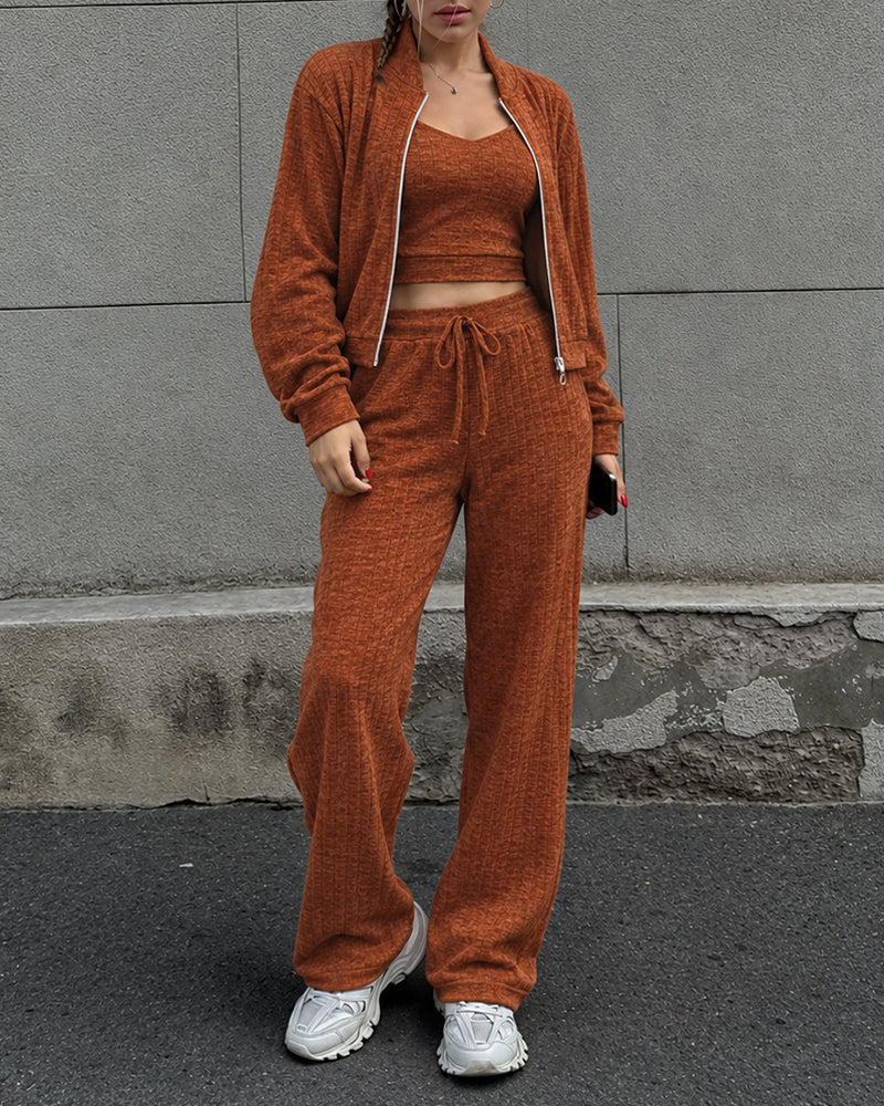 Women's 3 Piece Set Zip Up Jacket and Straight Leg Pants Set with V-Neck Cropped Camisole