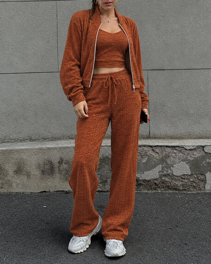 Women's 3 Piece Set Zip Up Jacket and Straight Leg Pants Set with V-Neck Cropped Camisole
