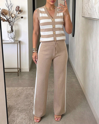 Women's 2 Piece Knit Outfits Striped V Neck Sleeveless Top and Side Stripe Straight Leg Pants Set Casual Loungewear