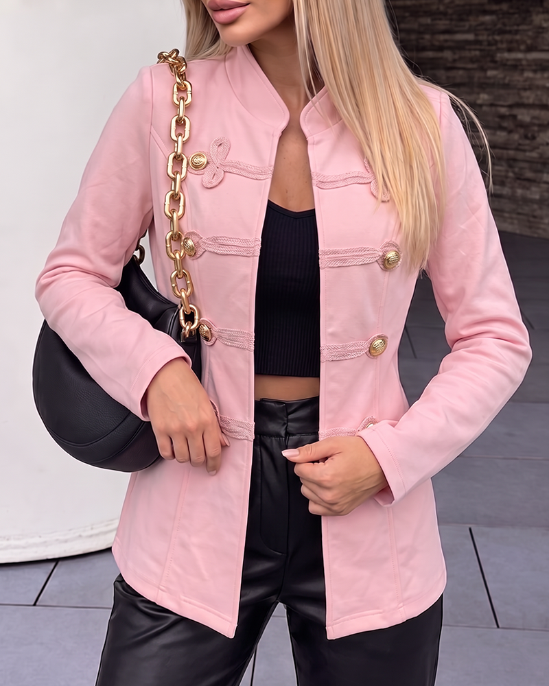 Women's Stand Collar Frog Button Padded Shoulder Slim Fit Military Jacket