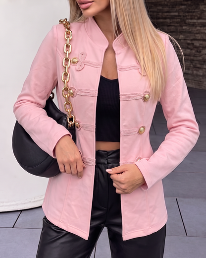 Women's Stand Collar Frog Button Padded Shoulder Slim Fit Military Jacket