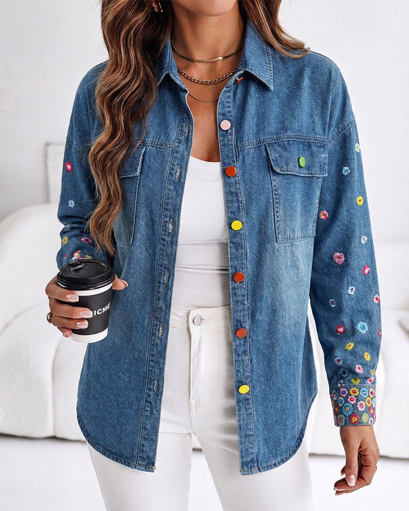 Veste en Jean brodée florale pour femmes, manteau en Jean boutonné coloré, veste délavée décontractée