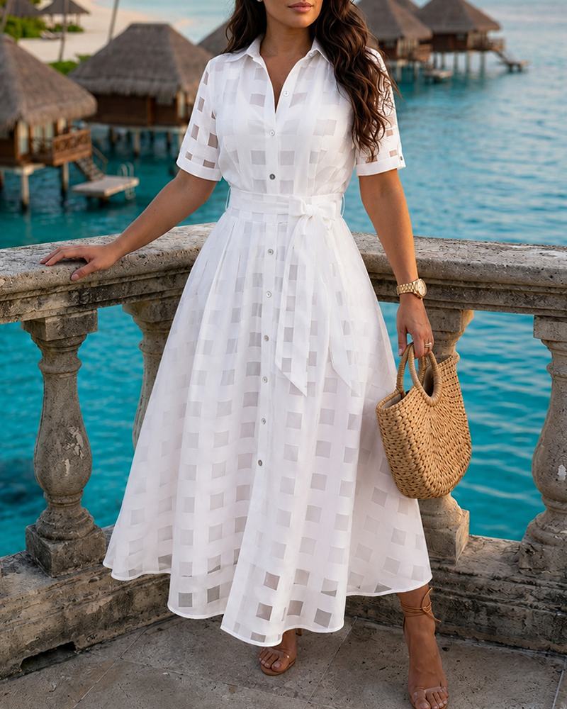 Sheer Plaid Maxi Dress Short Sleeve Double Layer Swing Vacation Dress Elegant Flowy Line Dress Belt