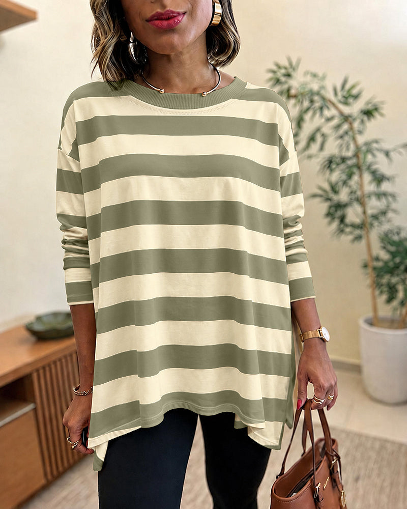 Women's Striped T Shirt Long Sleeve Drop Shoulder Crewneck Tee Side Slit Casual Loose Fit Top