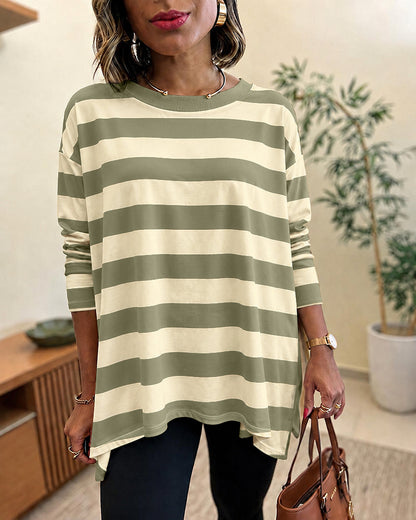 Women's Striped T Shirt Long Sleeve Drop Shoulder Crewneck Tee Side Slit Casual Loose Fit Top