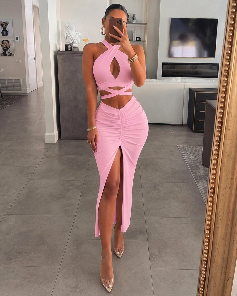 Women's Two Piece Set Criss Cross Halter Backless Crop Top and High Slit Ruched Skirt Sexy Matching Set