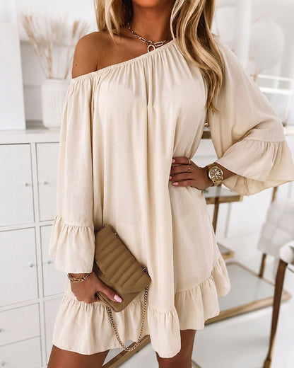 Women's Ruffle Loose Dress Elastic Convertible Shoulder Flare Sleeve Boho Mini Dress