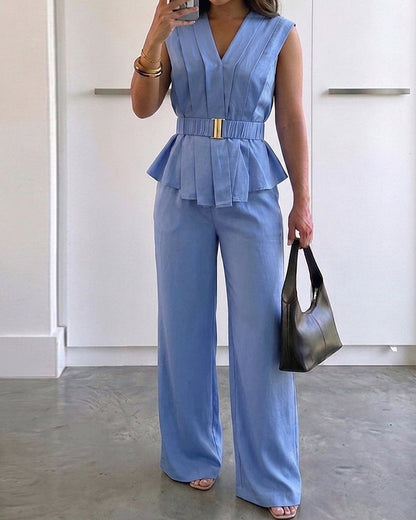 2 Pieces Outfit Pleated Design Deep V-Neck Sleeveless Asymmetrical Hem Top and Casual Elastic Waist Wide Leg Pants Set with Detachable Belt