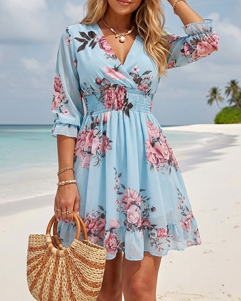Floral Print Overlap V Neck Three Quarters Sleeve Shirred Waist Ruffle Hem Dress Casual Cinched Waist Flared Cuffs Chiffon Vacation Dress with Lining