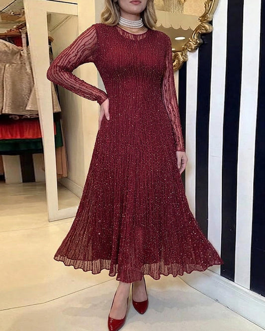 Women's Rhinestone Lace Long Sleeve Maxi Dress Crew Neck Textured A-Line Evening Gown