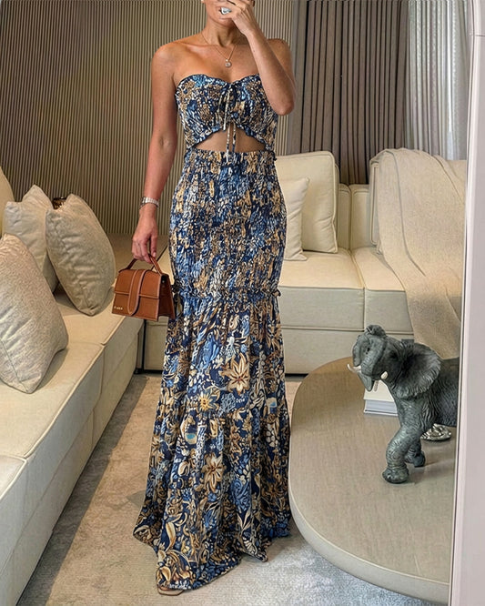 Vintage Print Frill Trim Bandeau Cutout Front Ruched Mermaid Hem Dress Elegant Shirred Ruffle Hem Vacation Dress