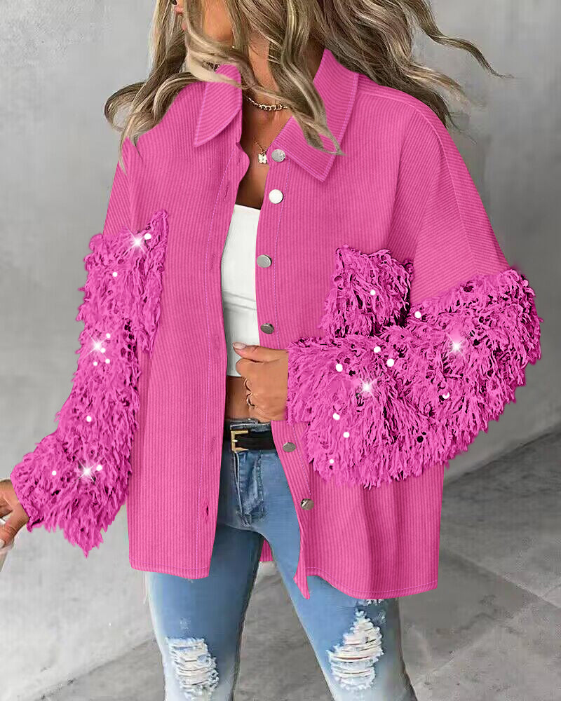 Contrast Sequin Turn-down Collar Long Sleeve Tassel Design Fuzzy Shacket with Pocket