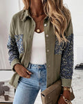 Women's Sequin Patchwork Denim Jacket Raw Hem Button Down Coat Long Sleeve Shacket with Pockets