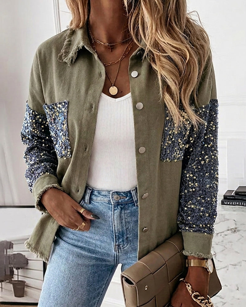 Sequin Patchwork Denim Jacket Raw Hem Button Down Coat Long Sleeve Shacket Pockets