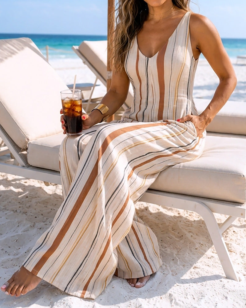 Women's V Neck Bow Tie Shoulder Striped Jumpsuit Casual Loose Wide Leg Overalls with Pockets