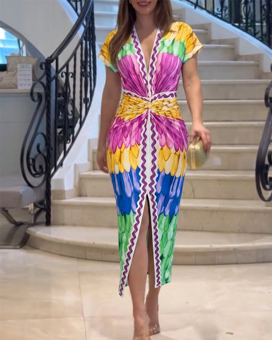 Multi-color Print Deep V-Neck Front Slit Dress Casual Twist Front Cinched Waist Vacation Dress