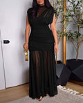 Mock Neck Sleeveless Sheer Mesh Spliced Maxi Dress Elegant Cinched Waist Zipper Side Ruched Evening Dress