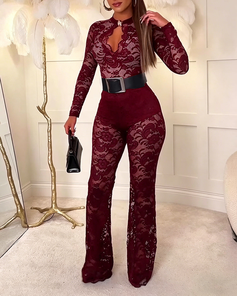 Women's 2 Piece Lace Outfits Keyhole Neck Long Sleeve Bodysuit and High Waisted Flare Pants Set Sexy Party Set without Belt