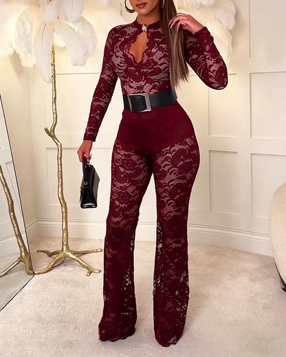 Women's 2 Piece Lace Outfits Keyhole Neck Long Sleeve Bodysuit and High Waisted Flare Pants Set Sexy Party Set without Belt