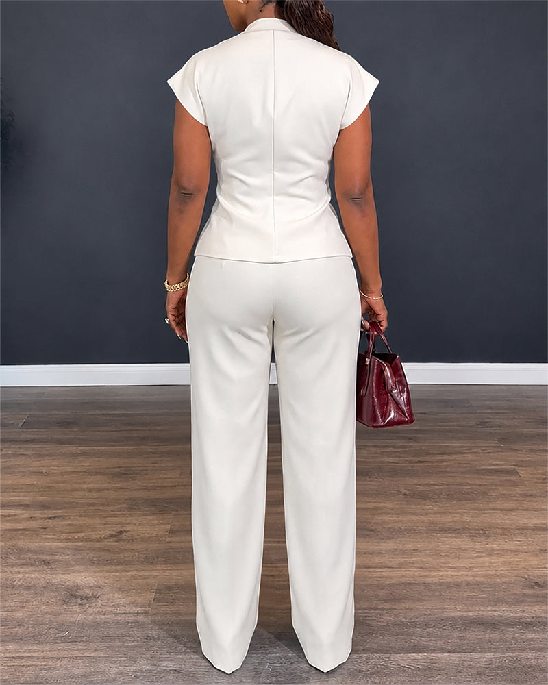 Women's 2 Piece Outfits V Neck Twist Front Slit Top and High Waisted Straight Leg Pants Set Commute Business Casual Suit