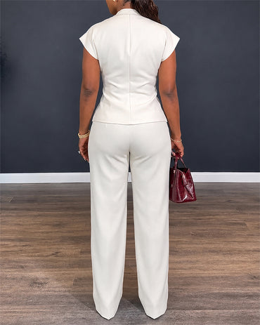 Women's 2 Piece Outfits V Neck Twist Front Slit Top and High Waisted Straight Leg Pants Set Commute Business Casual Suit