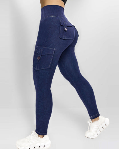 High Waist Tummy Control Butt Lifting Denim Look Leggings Stretchy Yoga Pants with Flap Pockets