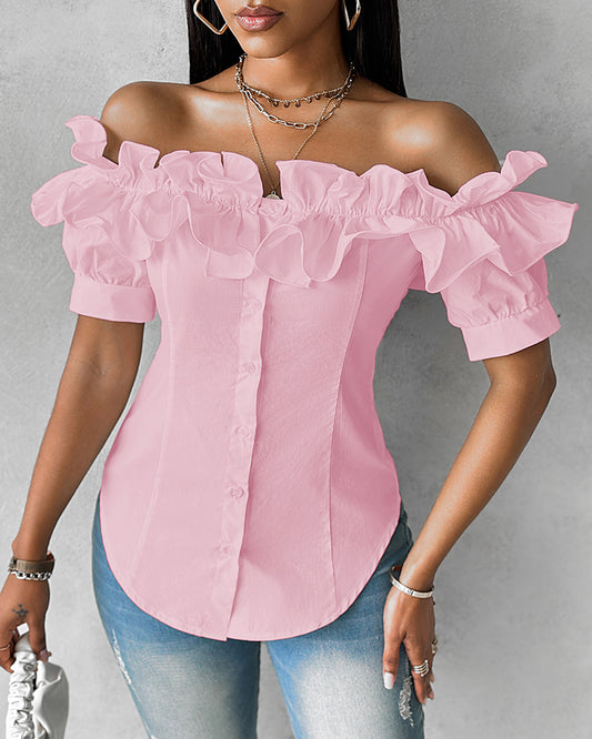Ruffles Off Shoulder Short Sleeve Button Front Blouse Asymmetrical Hem Top