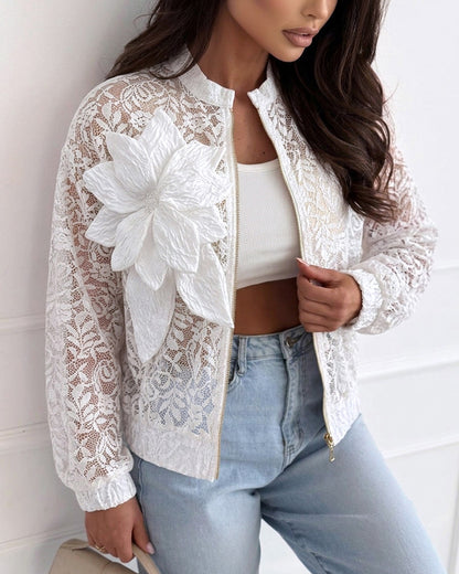 Women's Sheer Lace Bomber Jacket Lightweight Mesh See Through Crop Coat with Detachable 3D Floral