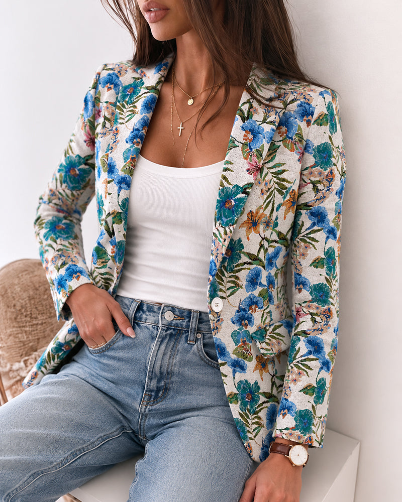 Blazer floral vintage de jacquard para mujer, elegante abrigo de solapa con cierre de un botón