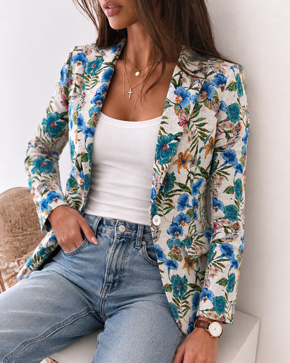 Blazer floral vintage de jacquard para mujer, elegante abrigo de solapa con cierre de un botón