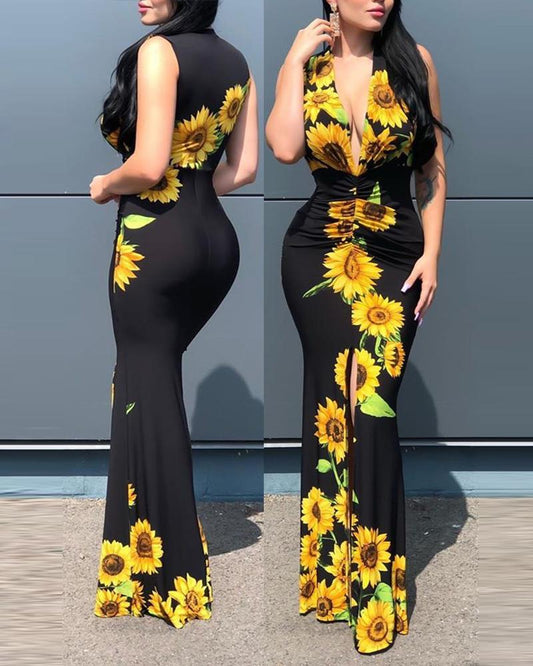 Plunge Sunflower Print High Slit Party Dress