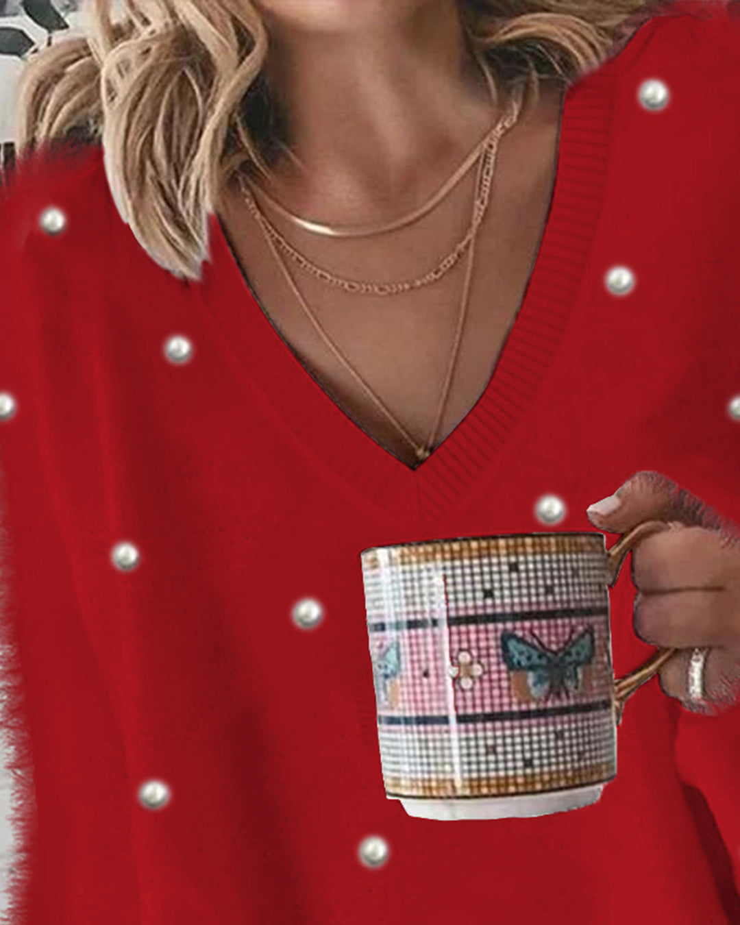 V Neck Long Sleeve Beaded Decor Oversized Sweater Fluffy Pullover Top