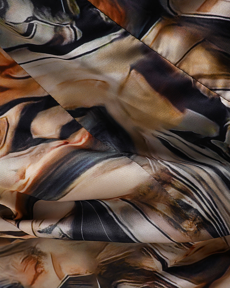 Marble Print Overlap V-Neck Wrap Front Ruched Vacation Dress Casual Cinched Waist Zipper Back Mini Dress