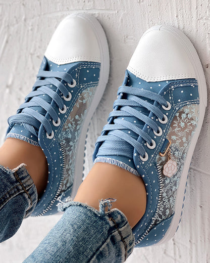 Floral Pattern Embroidery Dot Print Sneakers