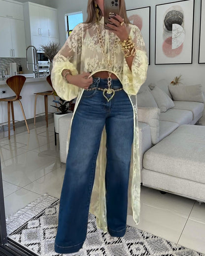 Mock Neck Lantern Sleeve High-Low Hem Floral Lace Sheer Top