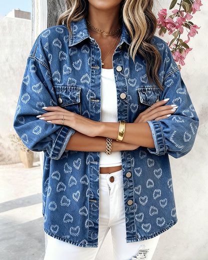 Vintage Heart Jacquard Turn-down Collar Button Front Asymmetrical Hem Jacket Casual Flap Pockets Design Washed Denim Coat