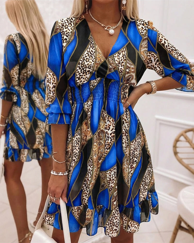 Colorblock Geometric & Leopard Print Spliced Overlap V Neck Flared Cuffs A Line Dress Casual Shirred Waist Ruffle Hem Vacation Chiffon Dress