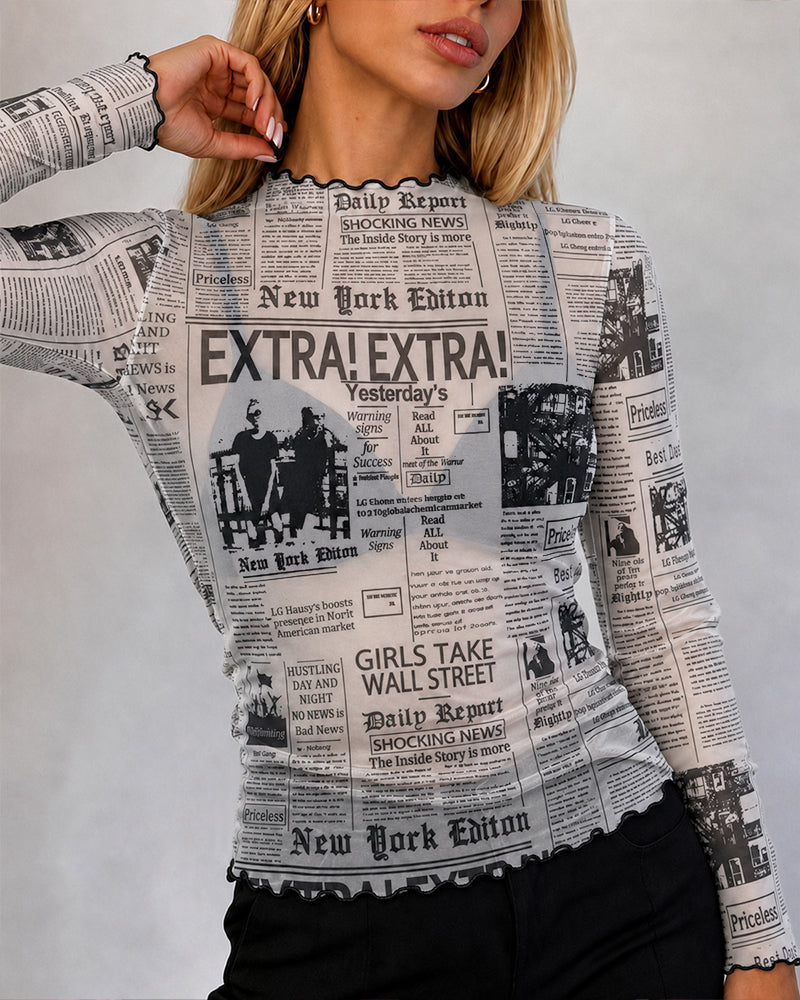 Women's Sheer Mesh Vintage Newspaper Print Mock Neck Frill Trim Long Sleeve Top