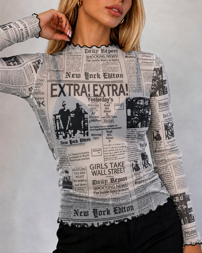 Women's Sheer Mesh Vintage Newspaper Print Mock Neck Frill Trim Long Sleeve Top