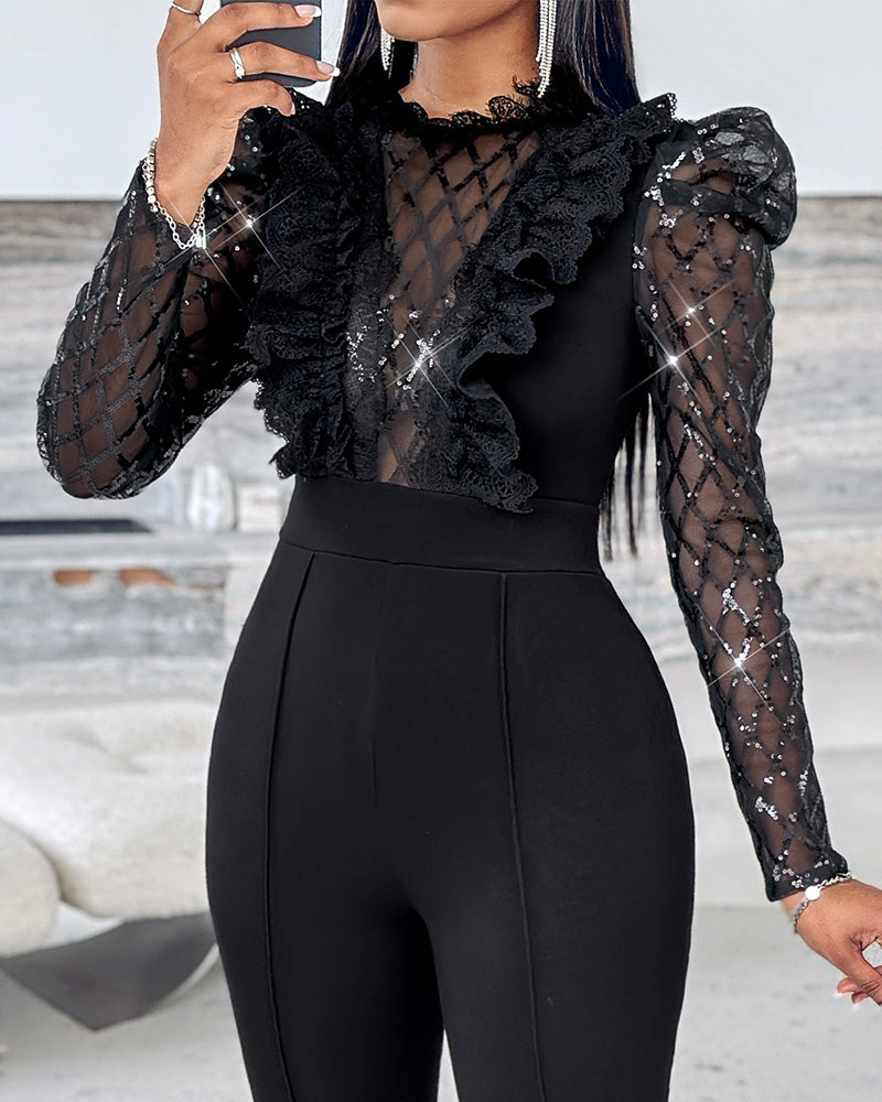 Elegant Mesh See Through Long Sleeve Jumpsuits Contrast Lace Sequin Patch Casual Overalls