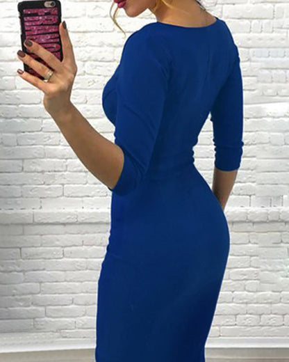 Square Neck Half Sleeves Bodycon Dress Full Front Zip Split Midi Dress