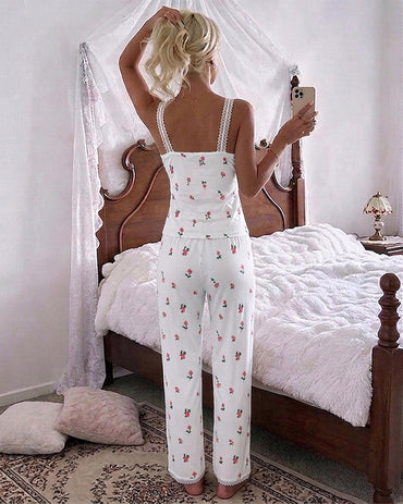 Women's Ditsy Floral Print 2 Piece Pajamas Set Lace Cami Top and Pants Casual Loungewear Bowknot Sleepwear