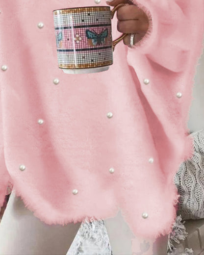V Neck Long Sleeve Beaded Decor Oversized Sweater Fluffy Pullover Top
