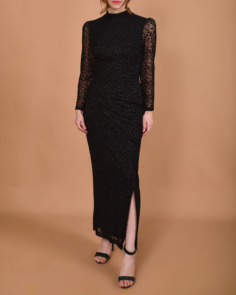 Women's Leopard Mesh Midi Dress Mock Neck Puff Long Sleeve Ruched Bodycon Dress Side Slit Sexy Party Dress