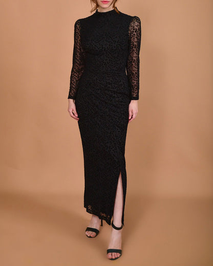 Women's Leopard Mesh Midi Dress Mock Neck Puff Long Sleeve Ruched Bodycon Dress Side Slit Sexy Party Dress